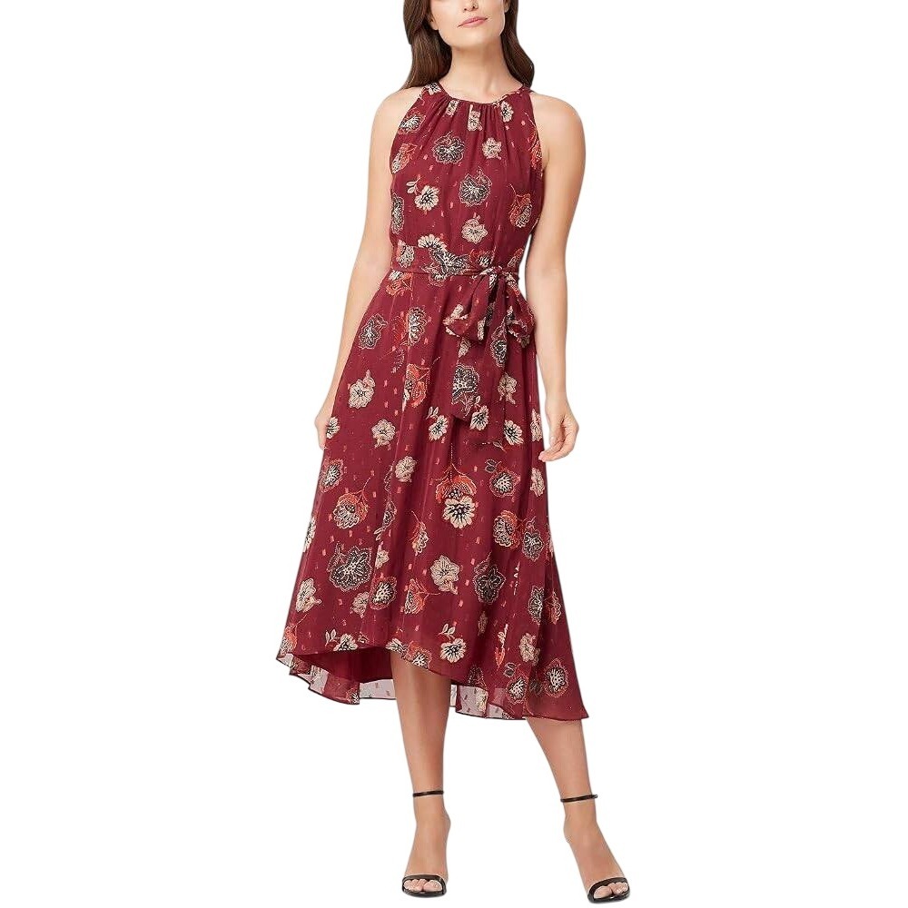 Tahari Arthur S. Levine Burgundy Floral Metallic Clip Dot High-Low Midi Dress 8
